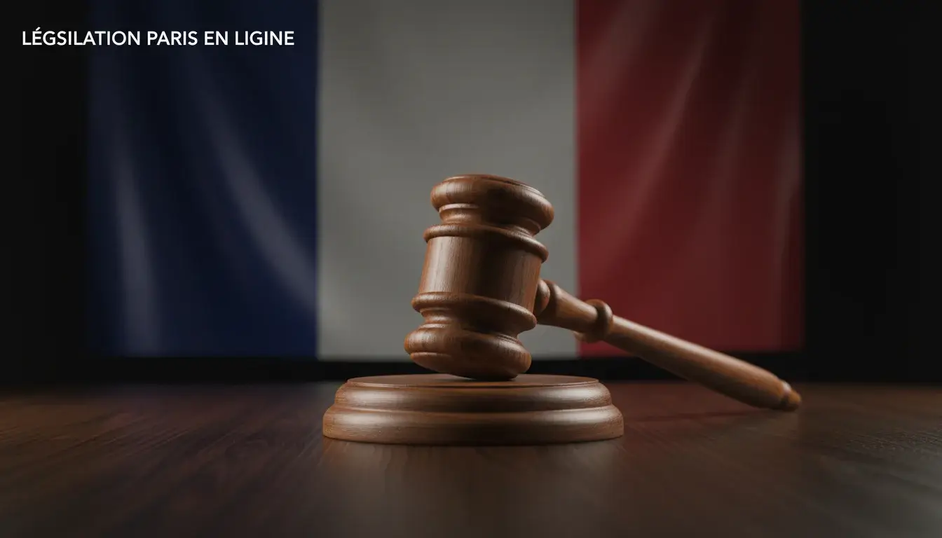 Législation paris en ligne : marteau de juge posé sur un bureau en bois avec le drapeau français en arrière-plan