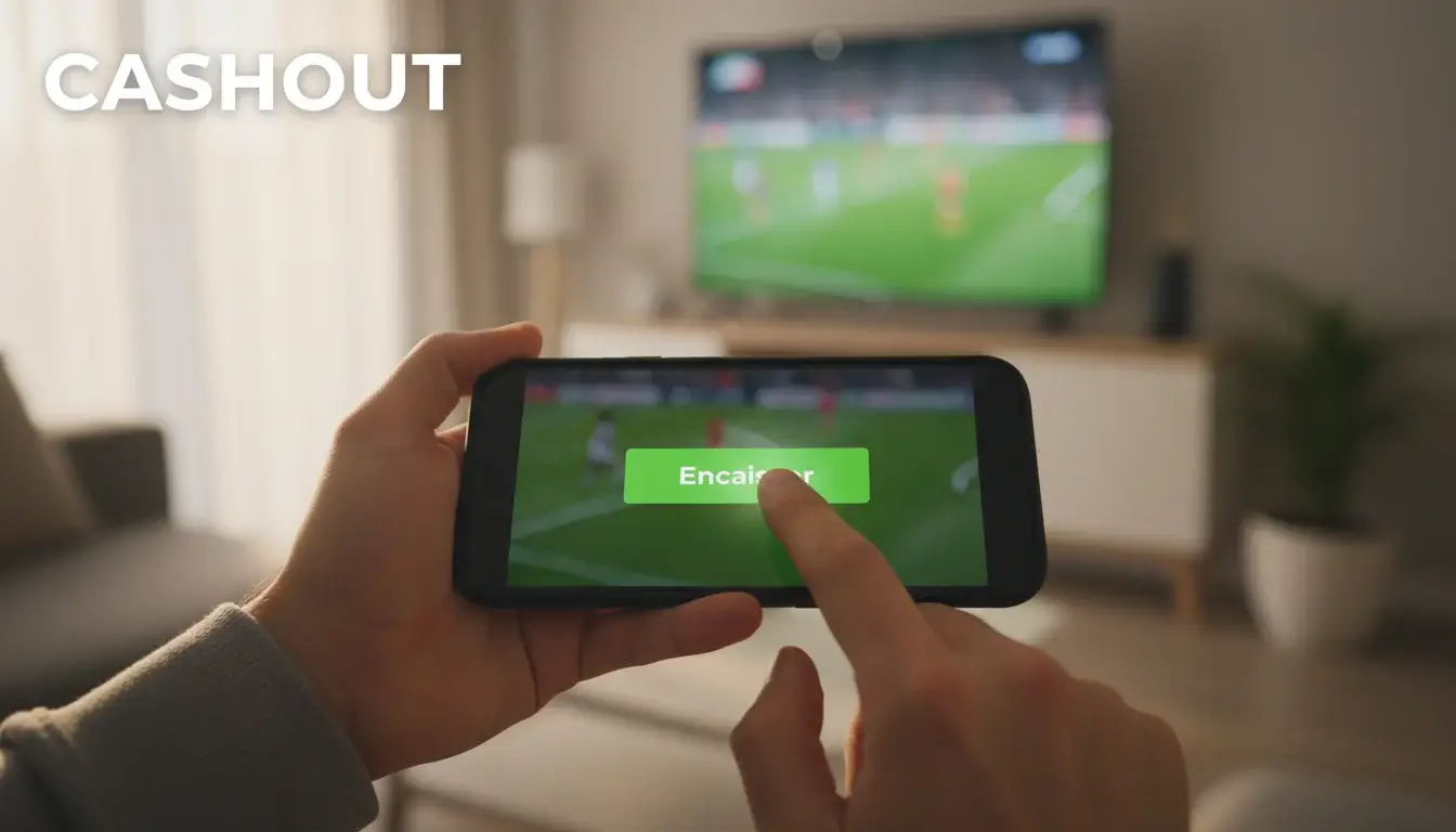 Cashout paris sportifs : main appuyant sur un bouton lumineux vert sur un smartphone