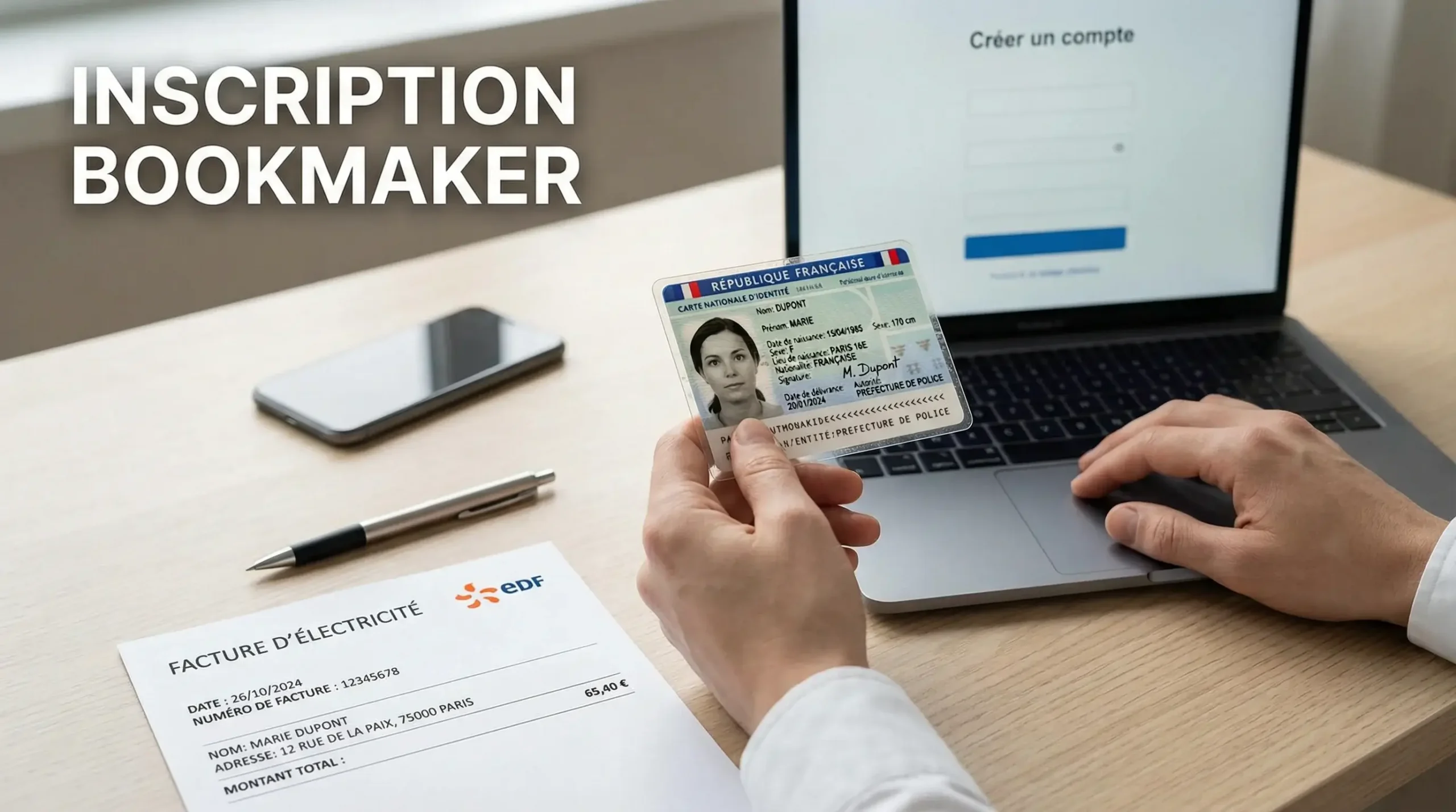 Inscription bookmaker : personne tenant une carte d'identité devant un écran d'ordinateur portable