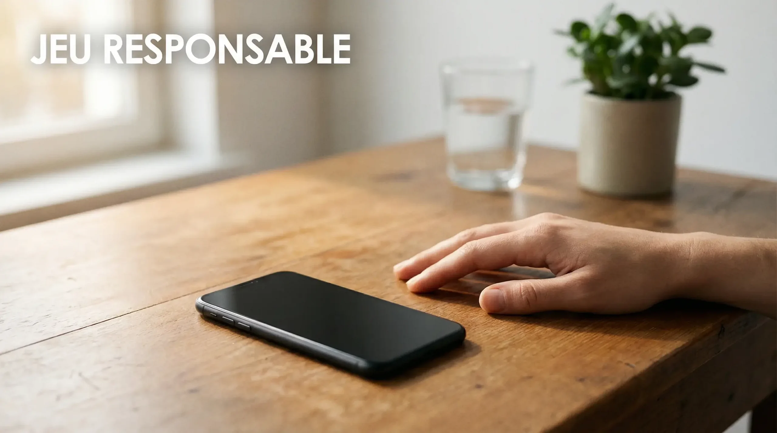 Jeu responsable : main posée calmement sur une table à côté d'un smartphone éteint