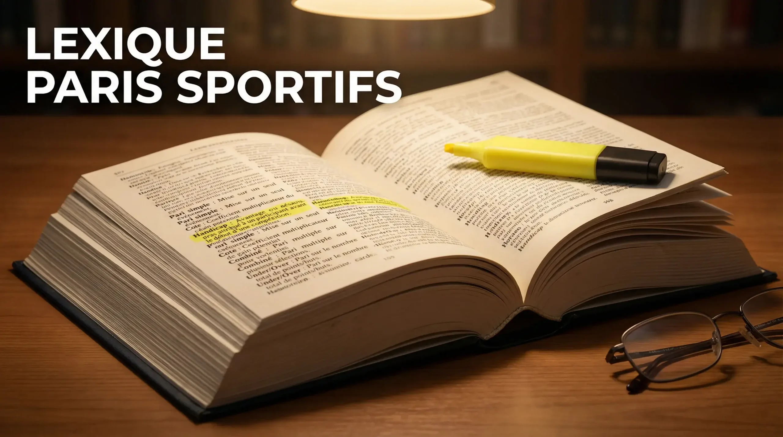Lexique paris sportifs : dictionnaire ouvert sur un bureau avec un surligneur jaune