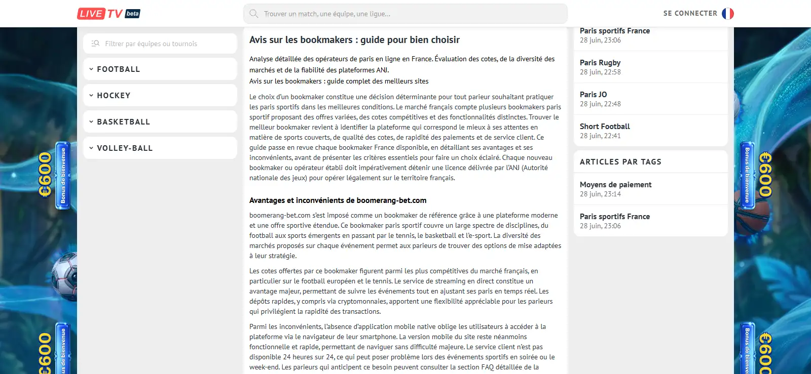 Comparatif éditorial LiveTV des services de paris et de leurs critères