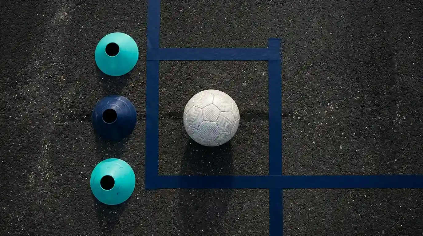 Ballon de football, rubans de marquage et cônes d’entraînement disposés sur une surface sombre