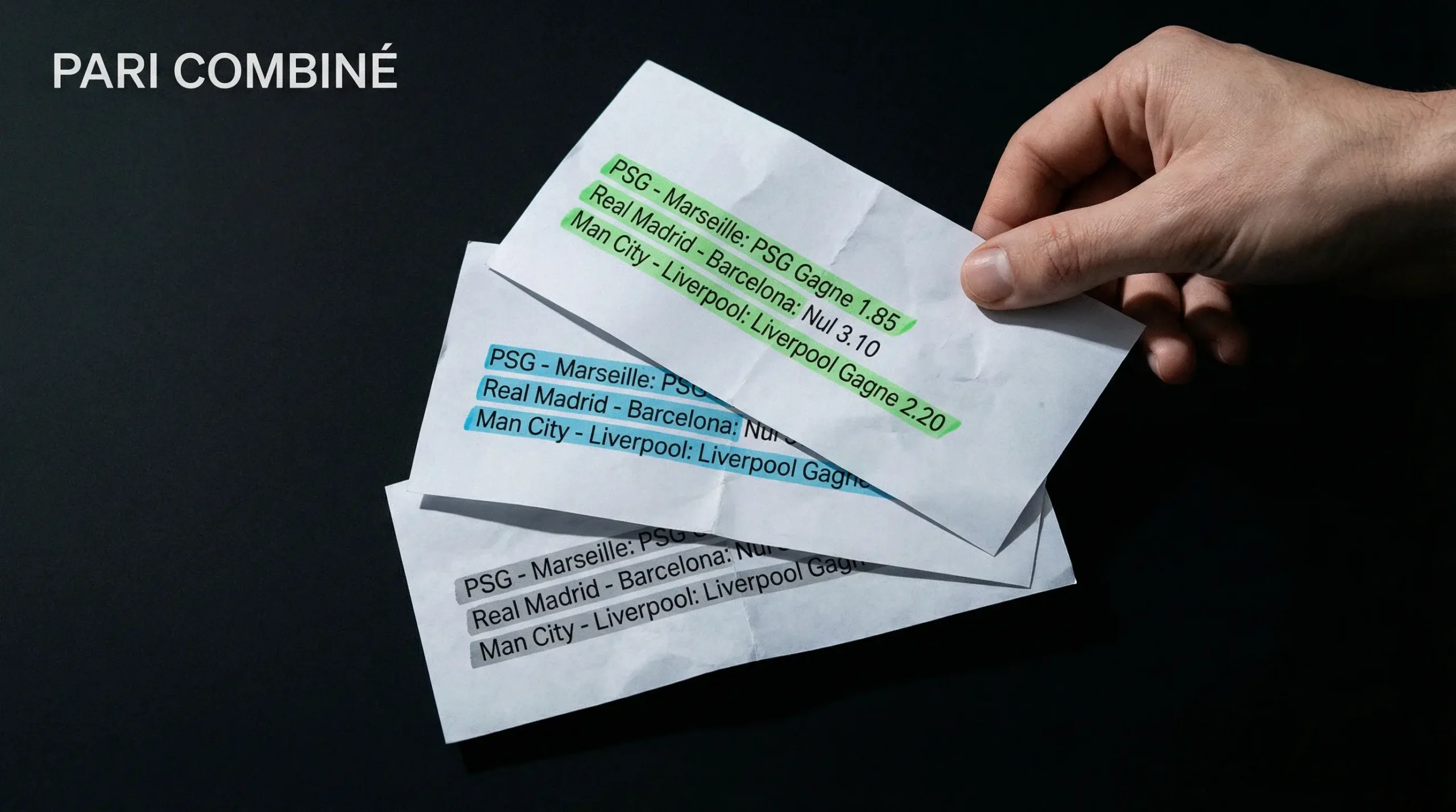 Pari combiné : plusieurs tickets de paris sportifs empilés sur un bureau