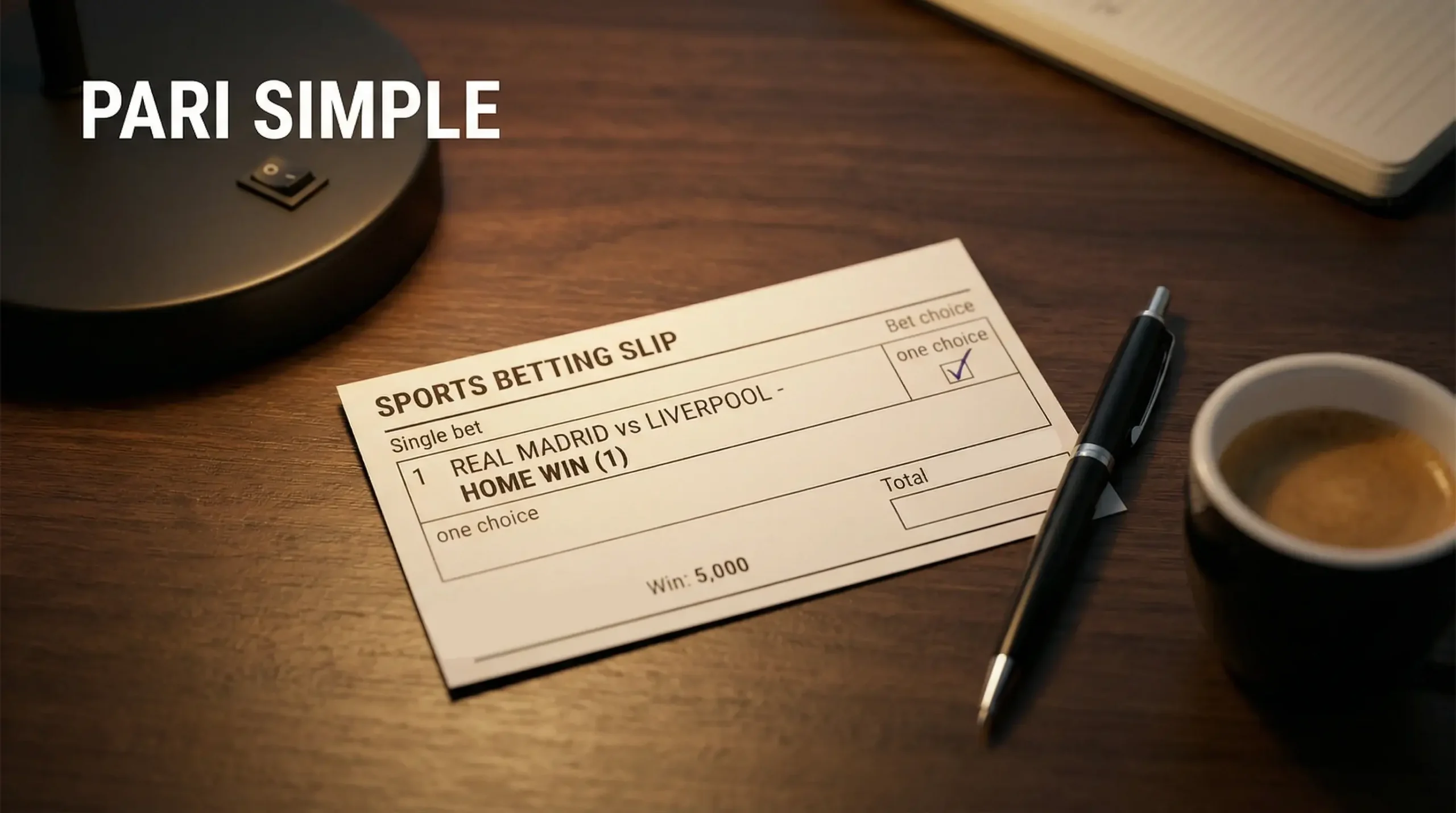 Pari simple : ticket de pari sportif unique posé sur une table avec un stylo