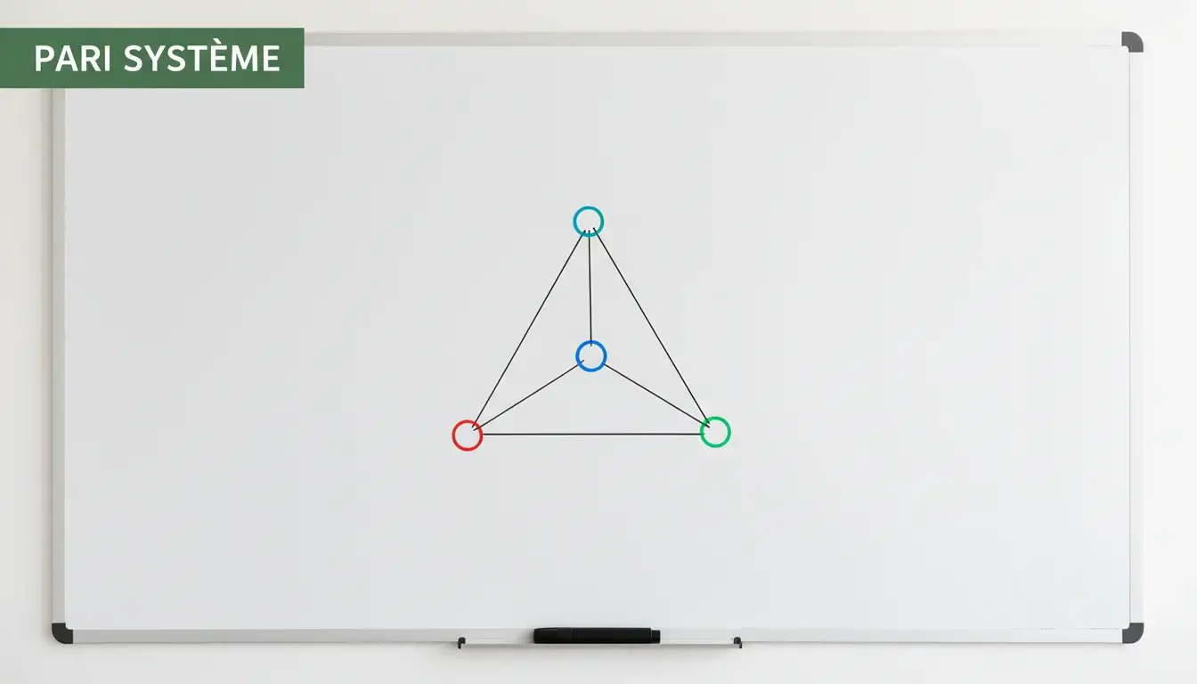 Pari système : grille de combinaisons dessinée au marqueur sur un tableau blanc avec des flèches reliant les sélections