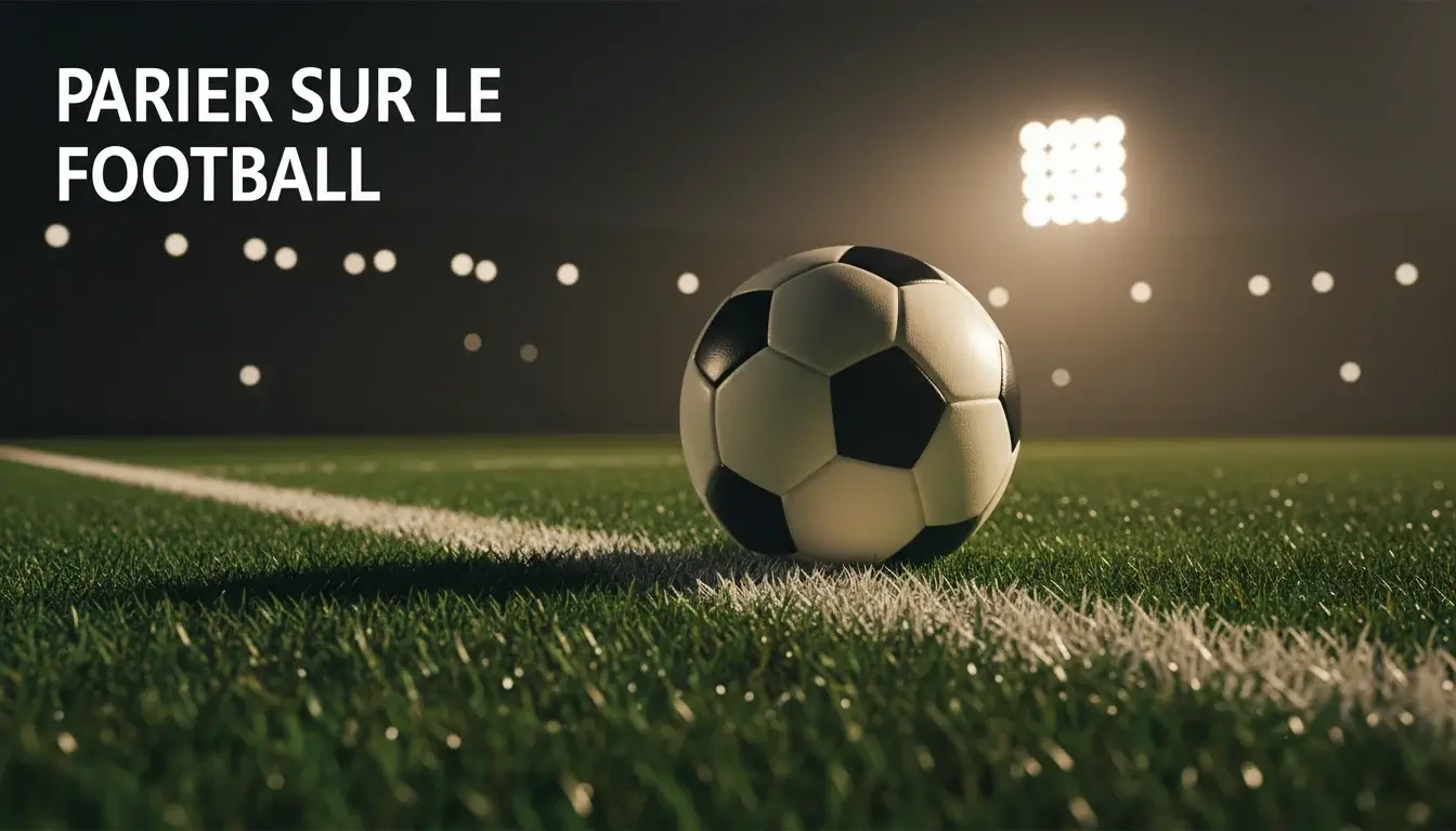 Parier sur le football : ballon de football posé sur une pelouse verte de stade sous les projecteurs
