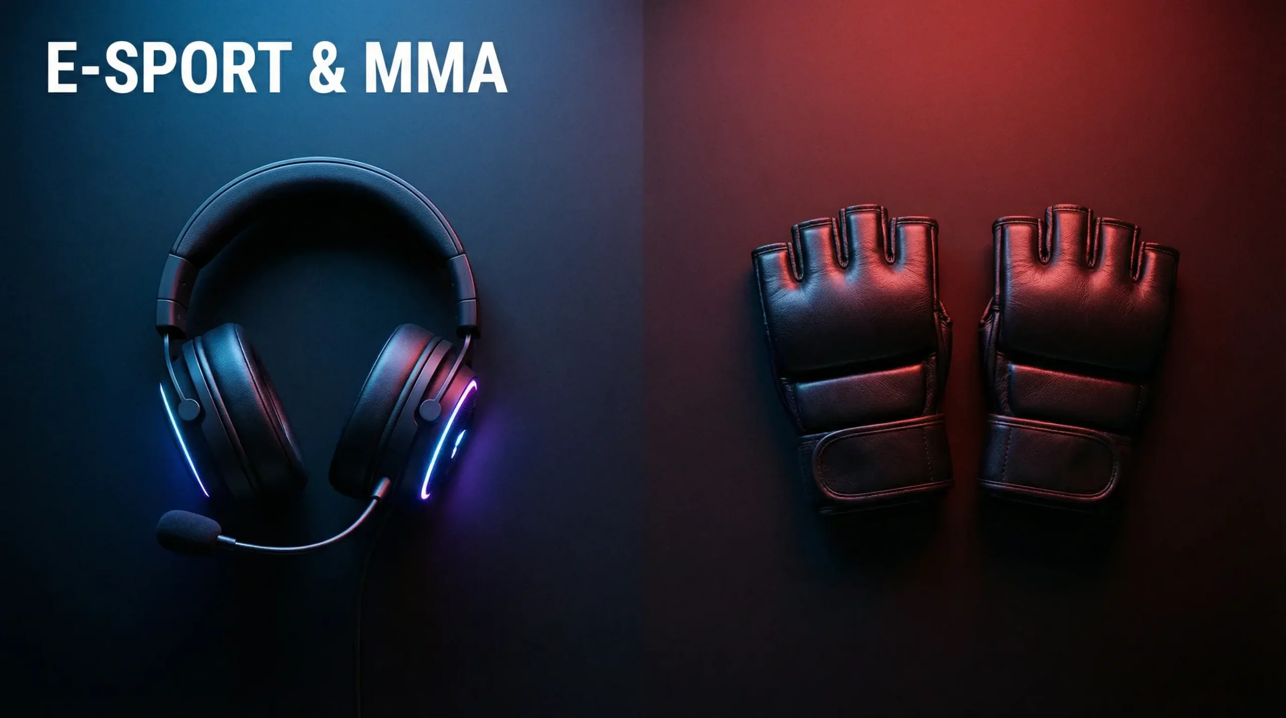 Paris e-sport et MMA : casque gaming lumineux posé à côté de gants de MMA sur une table noire