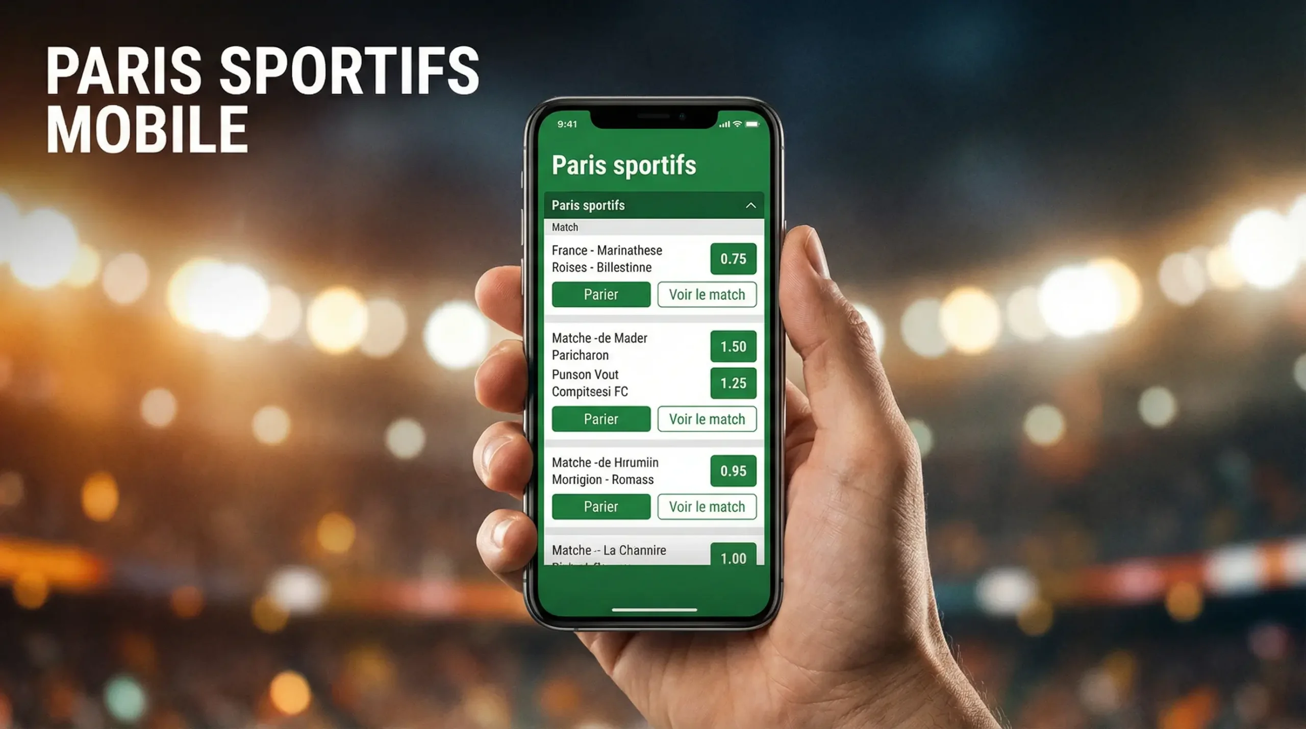 Paris sportifs sur mobile : smartphone tenu en main affichant une interface sportive dans un stade