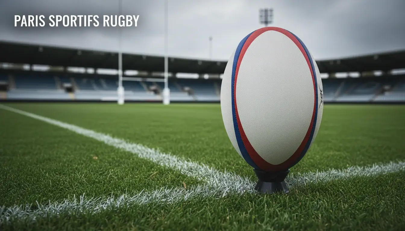 Paris sportifs rugby : ballon de rugby ovale posé sur une pelouse de stade avec les lignes blanches du terrain