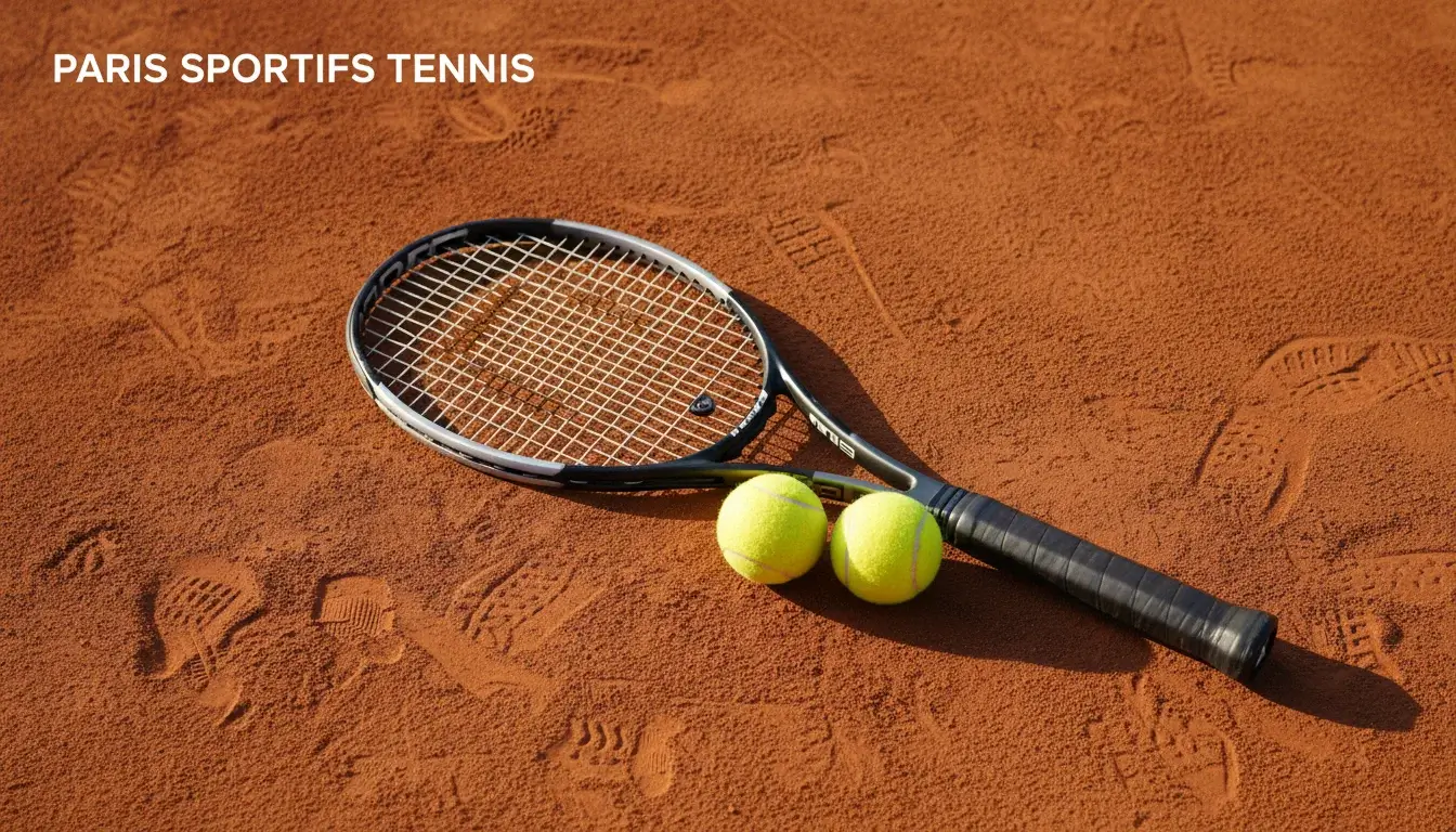 Paris sportifs tennis : raquette de tennis et balle jaune posées sur un court en terre battue