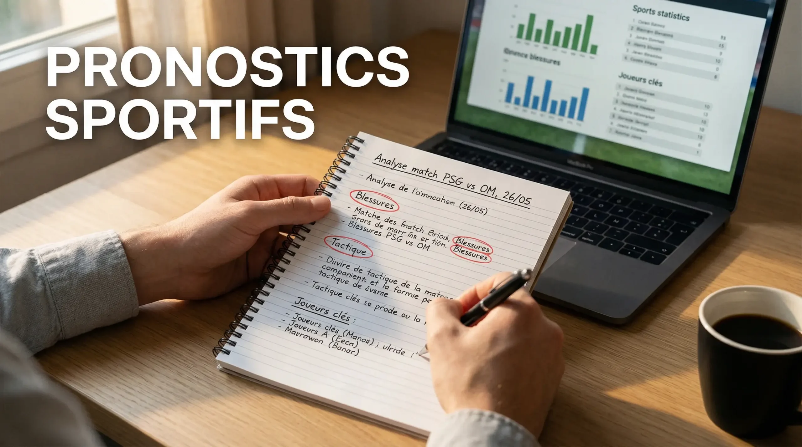 Pronostics sportifs : personne analysant des statistiques sportives sur un carnet ouvert à côté d'un ordinateur