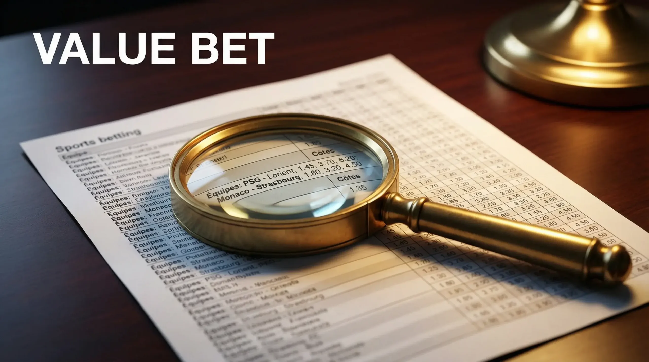 Value bet : loupe posée sur un tableau de cotes sportives imprimées sur papier